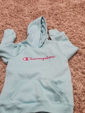 Champion Kids Light Aqua Hoodie with Pink Logo